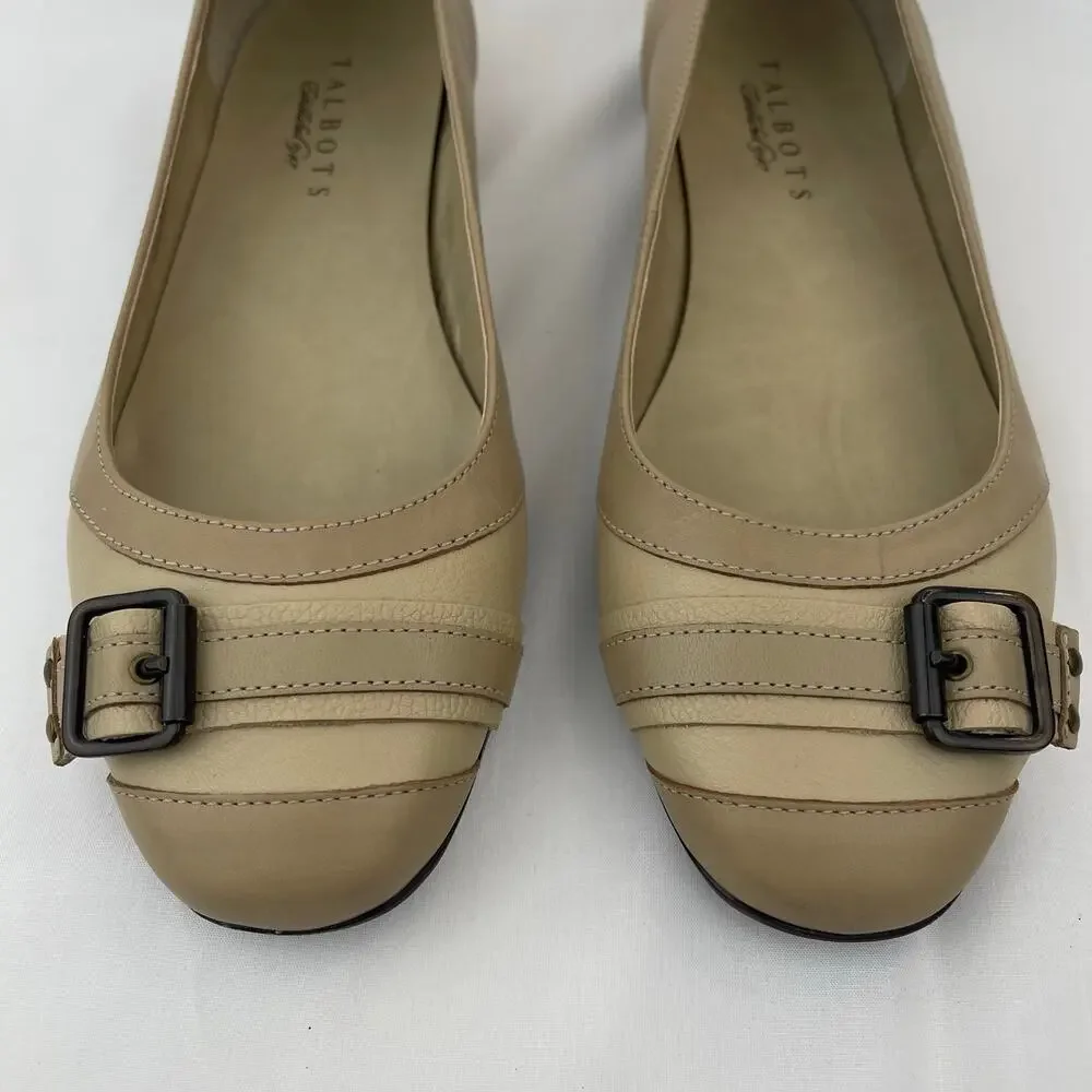 Talbots Women Tan Leather Buckle Ballet Flats Comfort Shoes Wide Width 8W